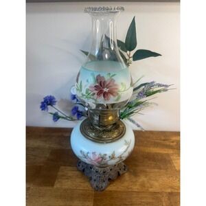 Antique Uranium Glass Oil Lamp Hand Painted Roses Glowing Chimney Victorian